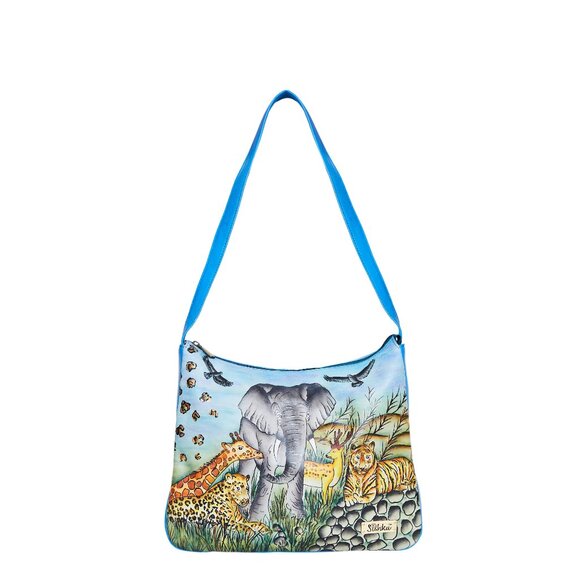 Hand-Painted Leather Animal Artwork Hobo Shoulder Bag, Sling Purse - Picture 1 of 7